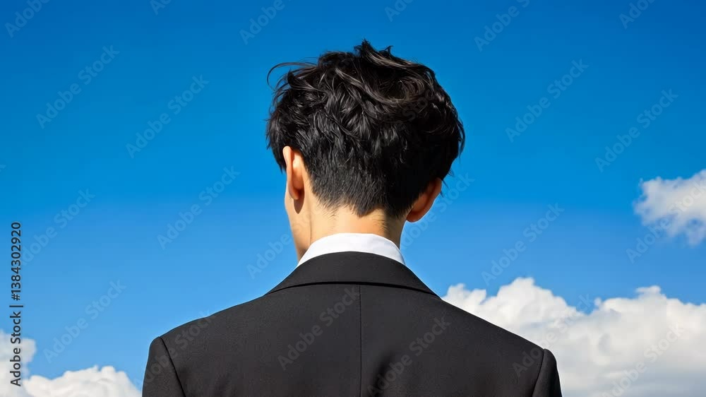 Young man in formal suit standing against clear blue sky with white clouds during daytime Young man in formal suit standing against clear blue sky with white clouds during daytime
