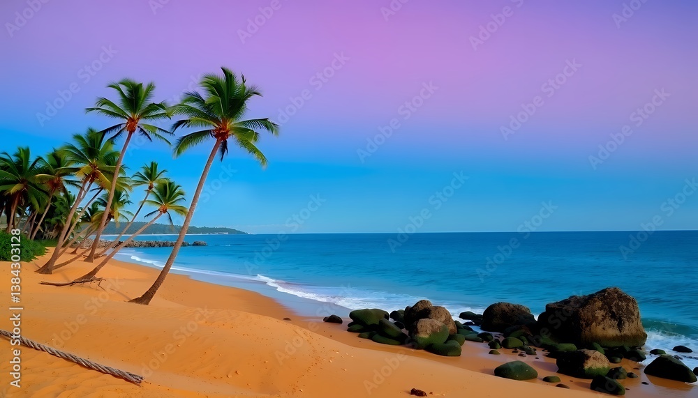 Naklejka premium Tropical beach paradise sunset palm trees sway gently vibrant ocean waves soft golden light