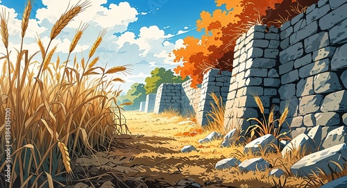 Open field with dried crops and crumbling stone walls anime cartoon style illustration artwork design background