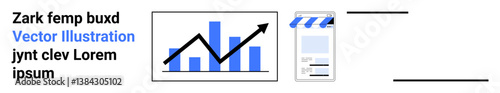 Bar chart with growth arrow and app interface highlights progress tracking and digital innovation. Ideal for data analysis, statistics, growth, technology, business, apps, simple landing page