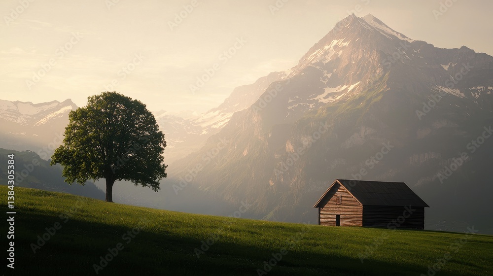 Serene Landscape with Tree and Wooden Cabin in Mountain Setting Serene Landscape with Tree and Wooden Cabin in Mountain Setting