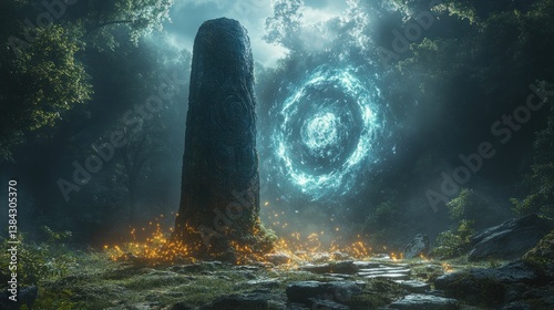 Mystical stone monolith glows with ethereal energy in a dark forest