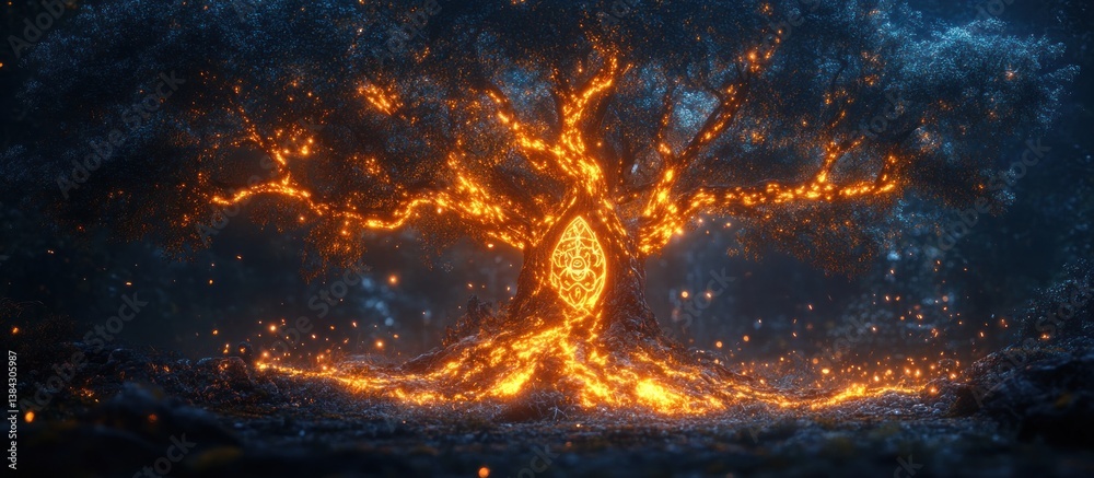 Fiery tree with glowing intricate design at its core, set against a dark, mystical forest Fiery tree with glowing intricate design at its core, set against a dark, mystical forest