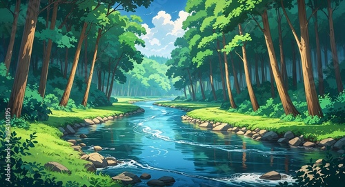 River winding through a forest with tall trees lining both sides anime cartoon style illustration artwork design background