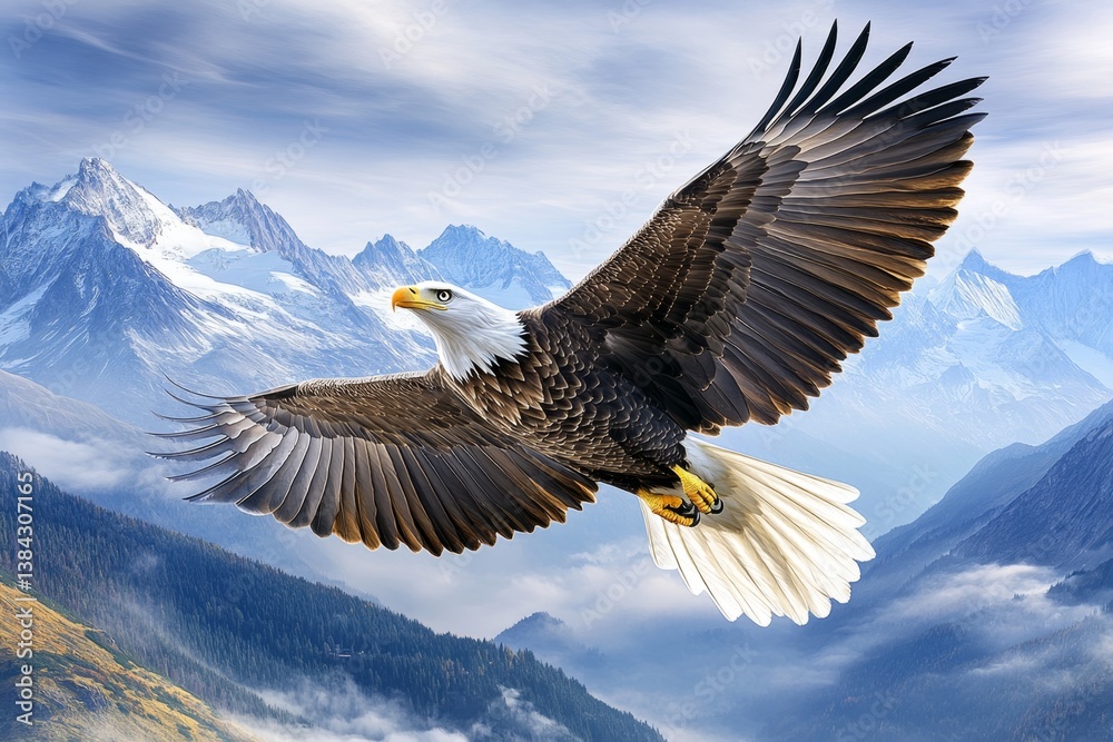 Fototapeta premium A bald eagle soaring high above a mountain range, wings spread wide