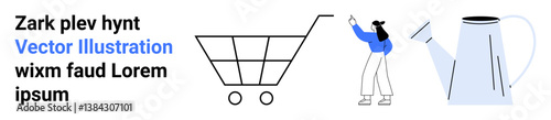 Woman gestures towards a shopping cart and watering can, blending retail and gardening themes. Ideal for e-commerce, consumer behavior, gardening, sustainability, shopping habits, lifestyle, simple