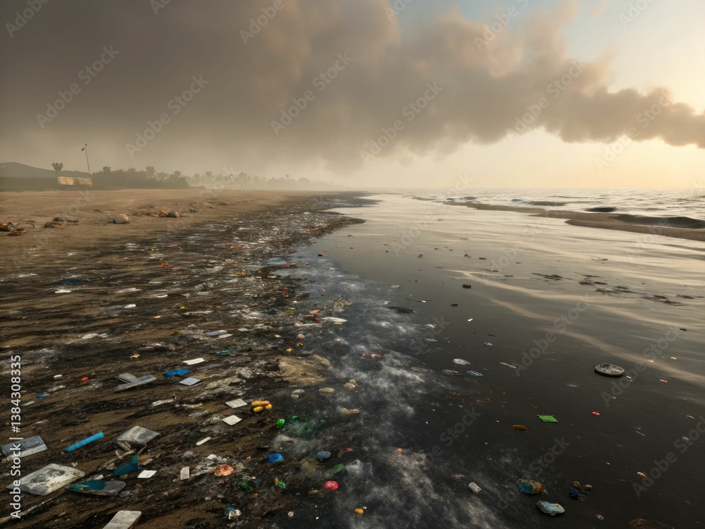 A polluted beach strewn with debris and litter, under a cloudy sky, highlighting environmental concerns and the impact of human activities on nature.