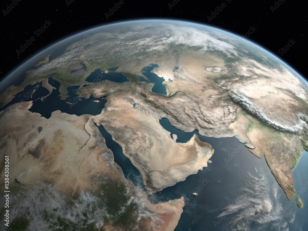 A stunning view of Earth from space, highlighting diverse landscapes including deserts, oceans, and mountain ranges, showcasing the planet's natural beauty.
