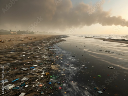 Obraz na płótnie A polluted beach strewn with debris and litter, under a cloudy sky, highlighting environmental concerns and the impact of human activities on nature. w salonie