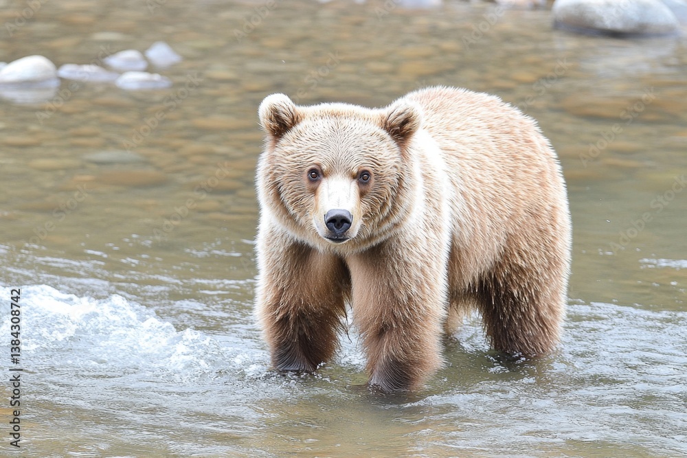 Fototapeta premium A brown bear standing in a rushing river, catching salmon in its jaws