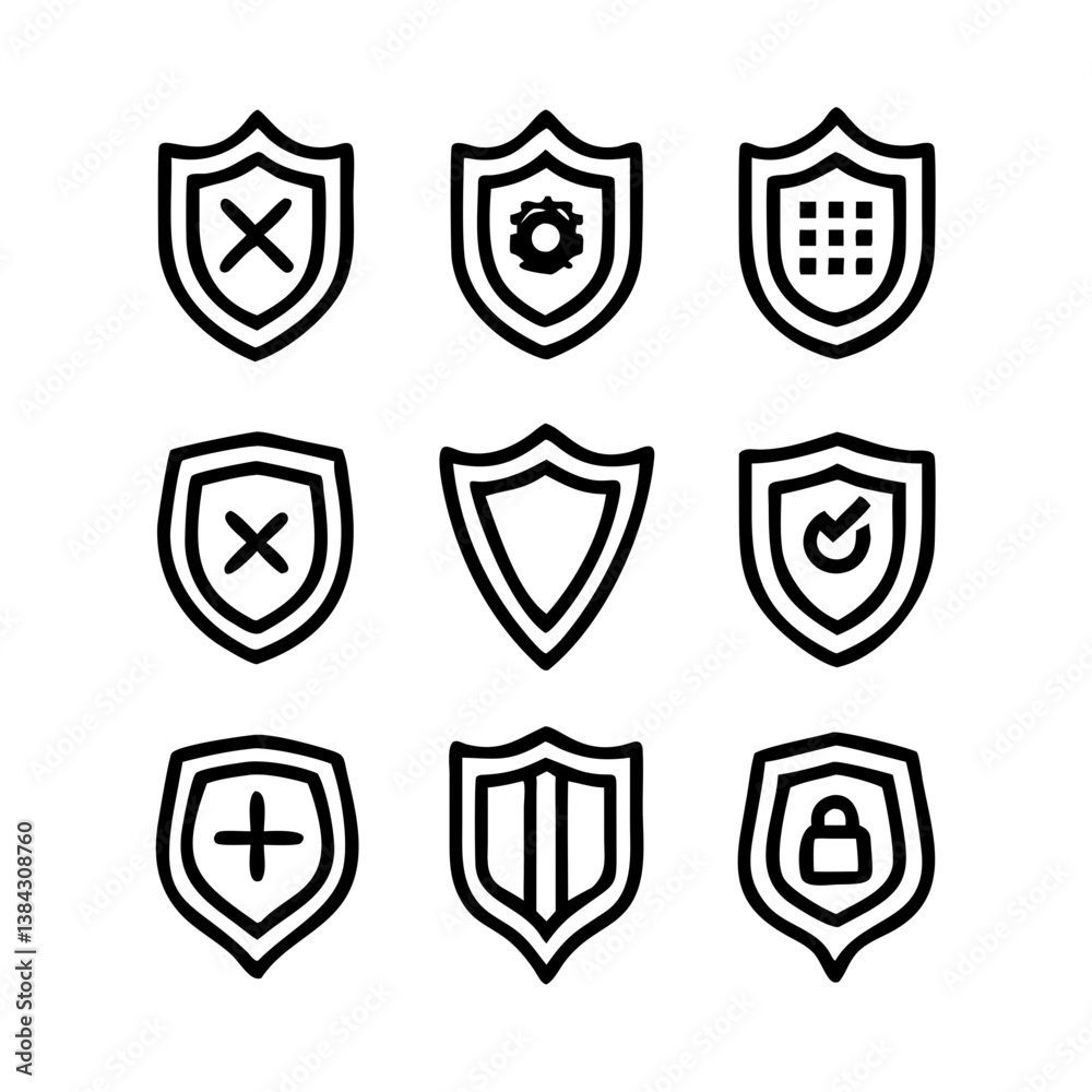 Set of Nine Simple Line Art Security Shields Set of Nine Simple Line Art Security Shields
