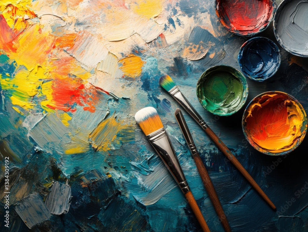 Painter tools flat lay with creative chaos and golden hour lighting with negative space