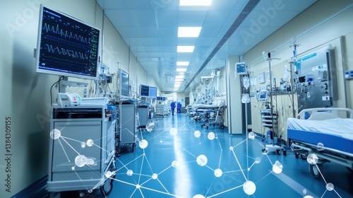 Modern hospital corridor with medical equipment and technology overlay.