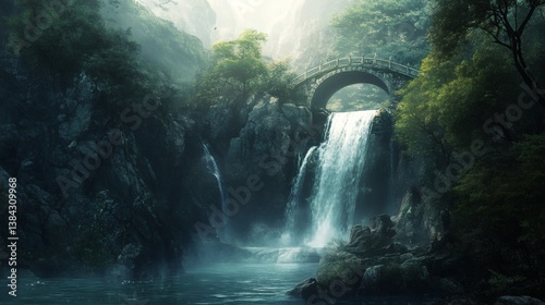 Fototapeta Naklejka Na Ścianę i Meble -  Misty mountain waterfall flows under ancient bridge, lush foliage, tranquil scene, perfect for fantasy/travel