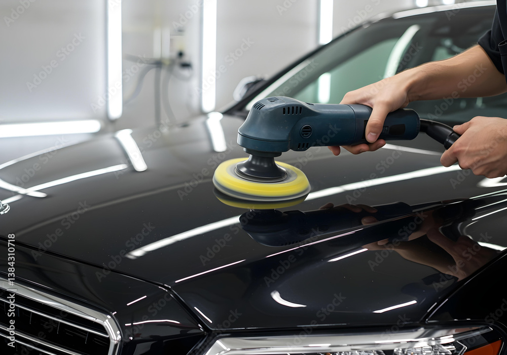Car detailer polishing luxury vehicle hood with buffer machine Car detailer polishing luxury vehicle hood with buffer machine