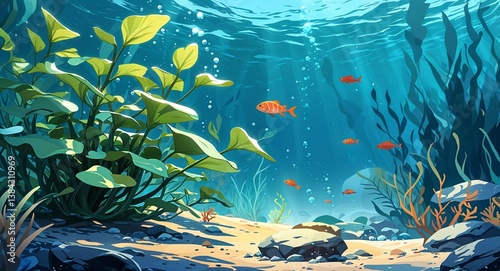 A close up of an underwater plant with small fish swimming in the background underwater anime cartoon style illustration artwork design background