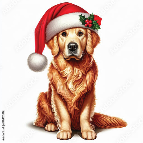 Cute Christmas Santa hat Cartoon Golden Retriever Dog Vector Illustration isolated