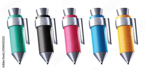 Pen colorful elements clipart set. Ball pen 3d object clip art collection for school and office metallic silver writing educational material vector illustration.
