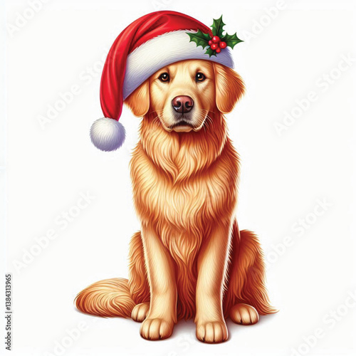 Cute Christmas Santa hat Cartoon Golden Retriever Dog Vector Illustration isolated
