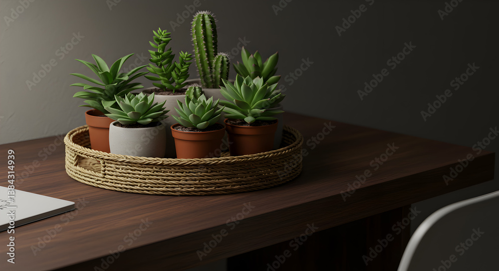 Obraz premium Desk with Succulents and a Woven Tray: Serene Workplace Interior Design