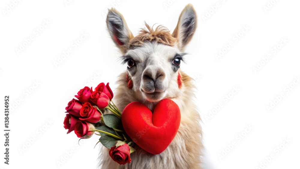 Naklejka premium Cute Llama Valentine's Day Photography: Adorable Alpaca with Heart & Roses