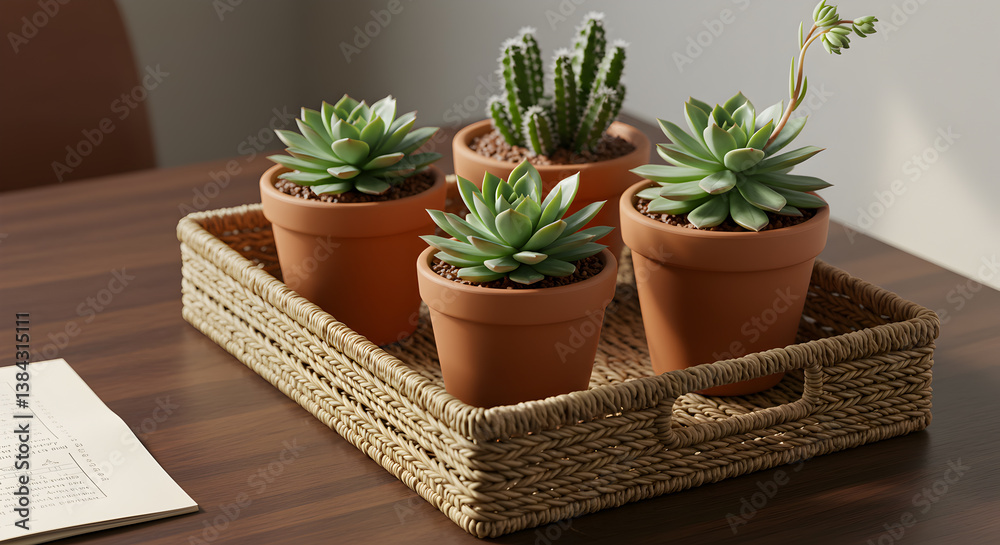Fototapeta premium Charming Succulents Displayed on Woven Tray for Home Decor Accents
