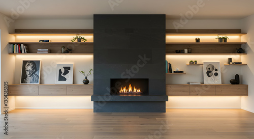 Elegant Modern Living Room Fireplace with Built in Floating Shelves Decor photo