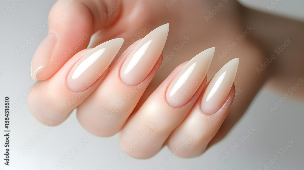 Close-up of a hand with stylish, long, nude stiletto nails. The nails have a glossy finish and a delicate, natural look. Perfect for beauty and fashion. Close-up of a hand with stylish, long, nude stiletto nails. The nails have a glossy finish and a delicate, natural look. Perfect for beauty and fashion.