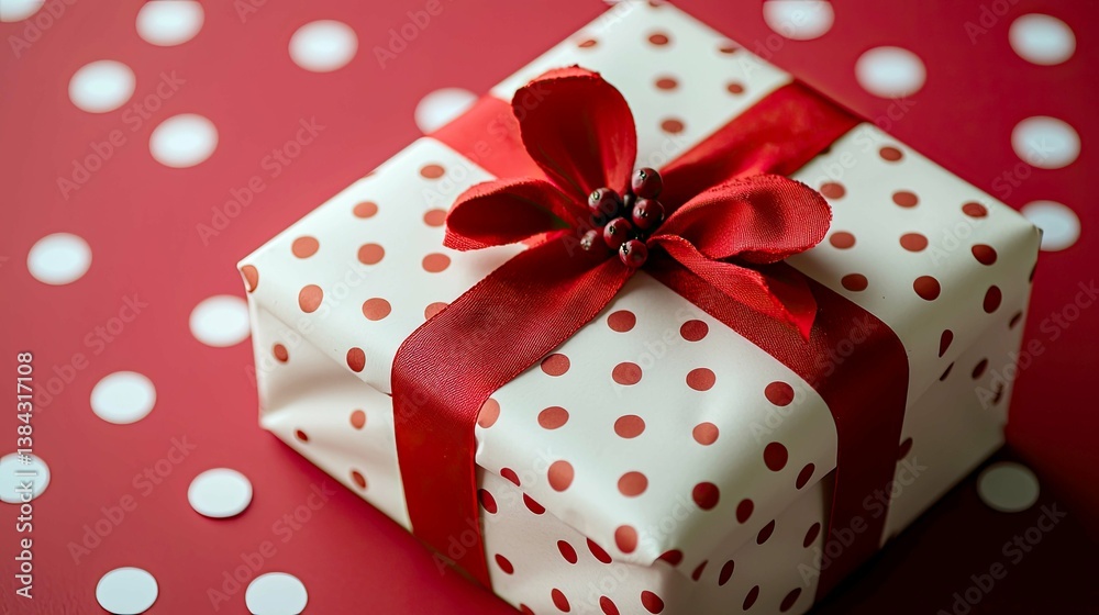 Obraz premium Red and White Polka Dot Gift Box with Red Ribbon and Bow: A Perfect Present for Any Special Occasion
