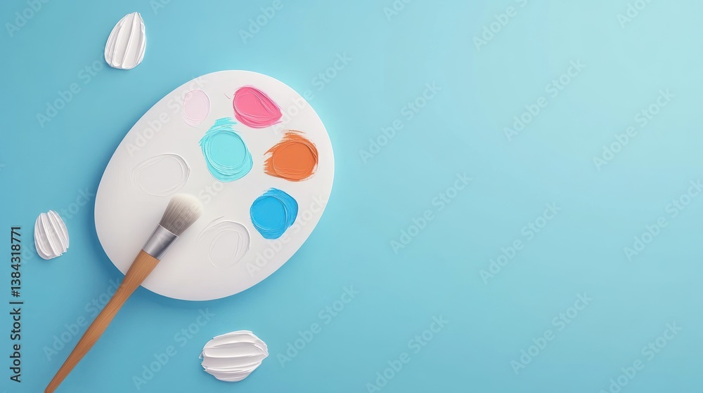Minimalist Paint Palette and Brush on Light Blue Background with Space for Text Minimalist Paint Palette and Brush on Light Blue Background with Space for Text