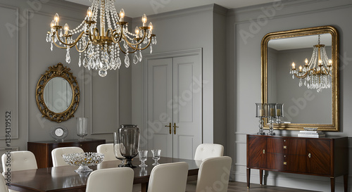 Elegant Dining Area With Statement Chandelier And Classic Wall Mirror