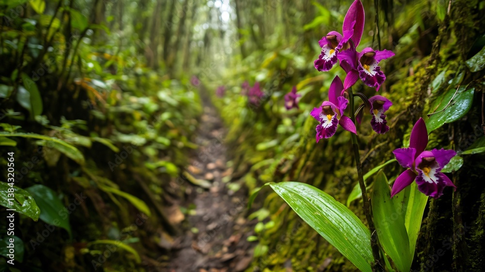 Obraz premium Purple Orchid Blooms Along Lush Forest Path in Green Jungle