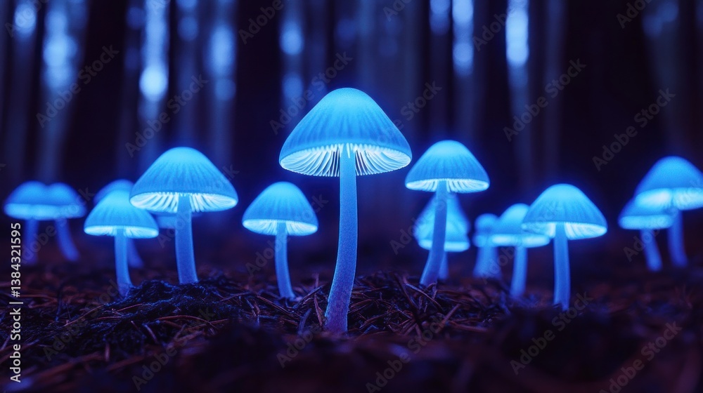 Fototapeta premium Glowing Mushrooms in a Dark Forest (1)