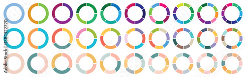 Pie chart set, segmented circle icons, circle diagram. Pie chart divided 1,2,3,4,5,6,7,8,9,10 equal parts. Infographic wheel segment or sections parts. Vector illustration