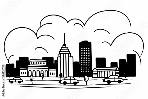 City silhouette land scape. City landscape. Downtown landscape with high skyscrapers. Panorama architecture Goverment buildings illustration. Urban life
