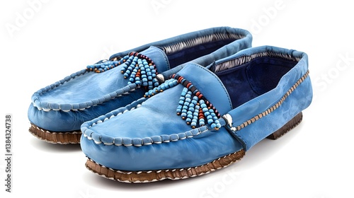 Pair of light blue leather moccasins with beaded tassels. Unique and handcrafted ethnic-inspired footwear. isolated on white background