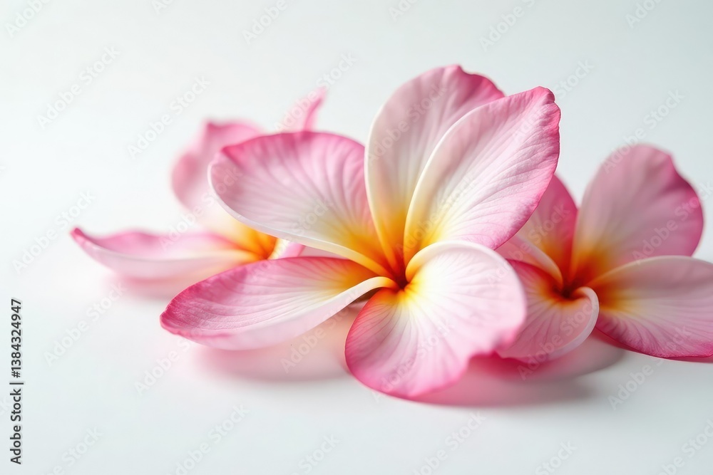 Delicate flower petals unfolding on a smooth surface, white background, blossom, flowers