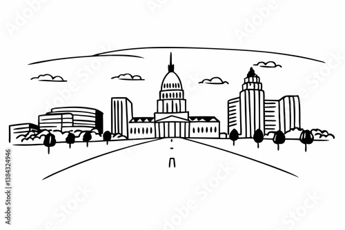 City silhouette land scape. City landscape. Downtown landscape with high skyscrapers. Panorama architecture Goverment buildings illustration. Urban life