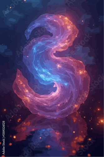 A luminous, swirling "S" shape glows with blue, purple, and orange hues against a starry night sky with a reflective surface below.
