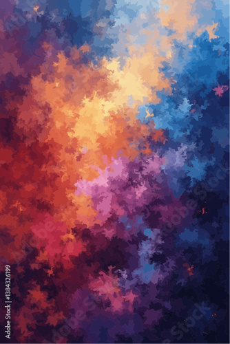 Abstract textures blend warm oranges and reds with cool blues and purples, punctuated by star-like shapes.

