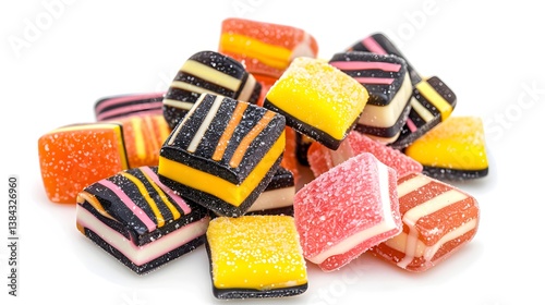 Pile of colorful liquorice allsorts candies. Sweet and varied confectionery treat. isolated on white background