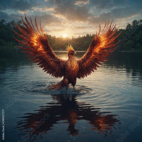 Fantasy-style artwork of a phoenix emerging from a magical lake.