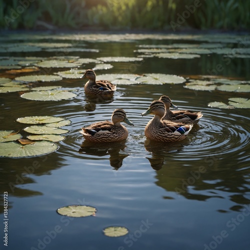 A realistic 3D render of a duck family floating in a calm pond.