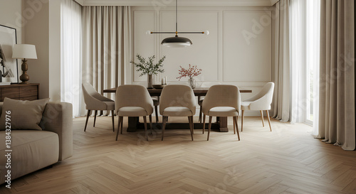 Elegant Dining Room With Herringbone Wood Floor And Neutral Color Palette