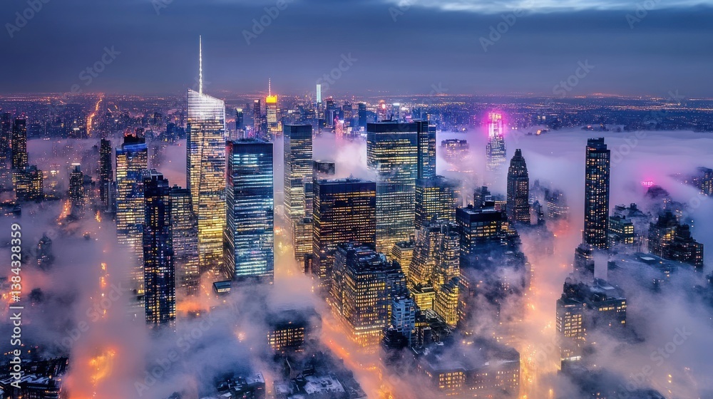 Fototapeta premium NYC Skyline Through Fog at Night