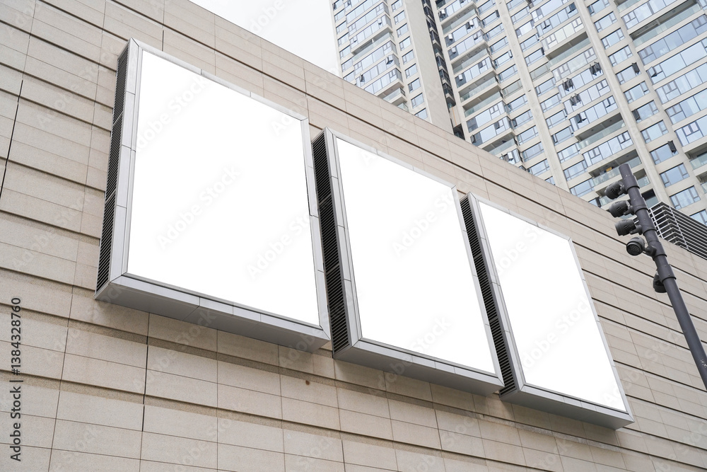 Three Large blank advertising billboard on modern building. Ads mockup. Low angle view..