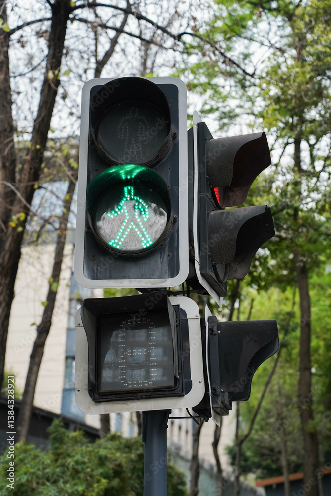 Traffic light with green person sign. Traffic light on a tree-lined avenue.