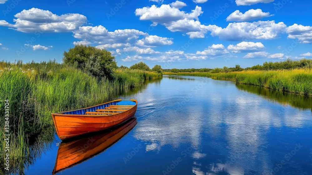 Peaceful boat on a serene river Peaceful boat on a serene river