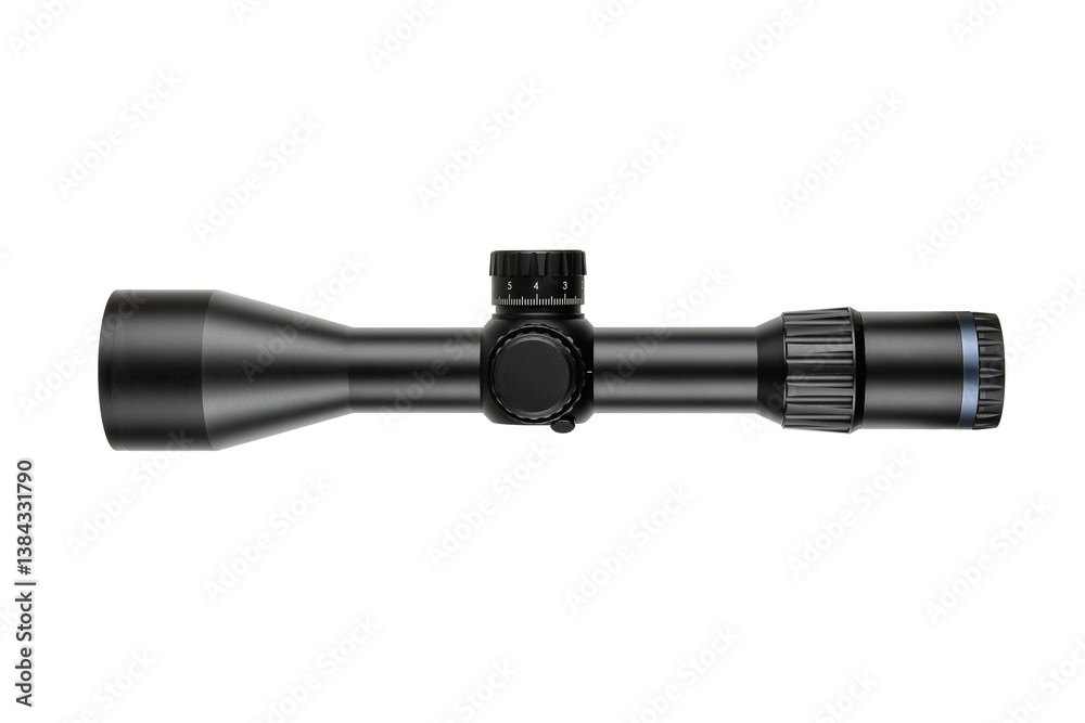 A rugged black scope for rifles, with a wide lens and detailed adjustment features, isolated on a crisp white surface. A rugged black scope for rifles, with a wide lens and detailed adjustment features, isolated on a crisp white surface.