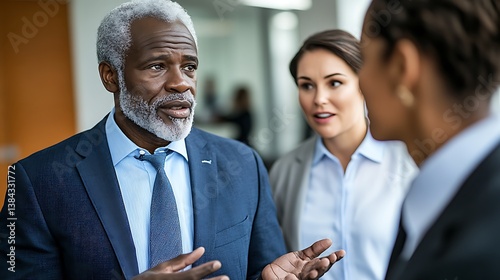 A serious discussion unfolds between three business professionals; a senior man leads the conversation with two attentive colleagues